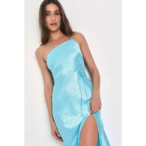 Lulus Blue Floral Jacquard One-Shoulder Midi Dress Sz M $88 MSRP - Picture 5 of 5